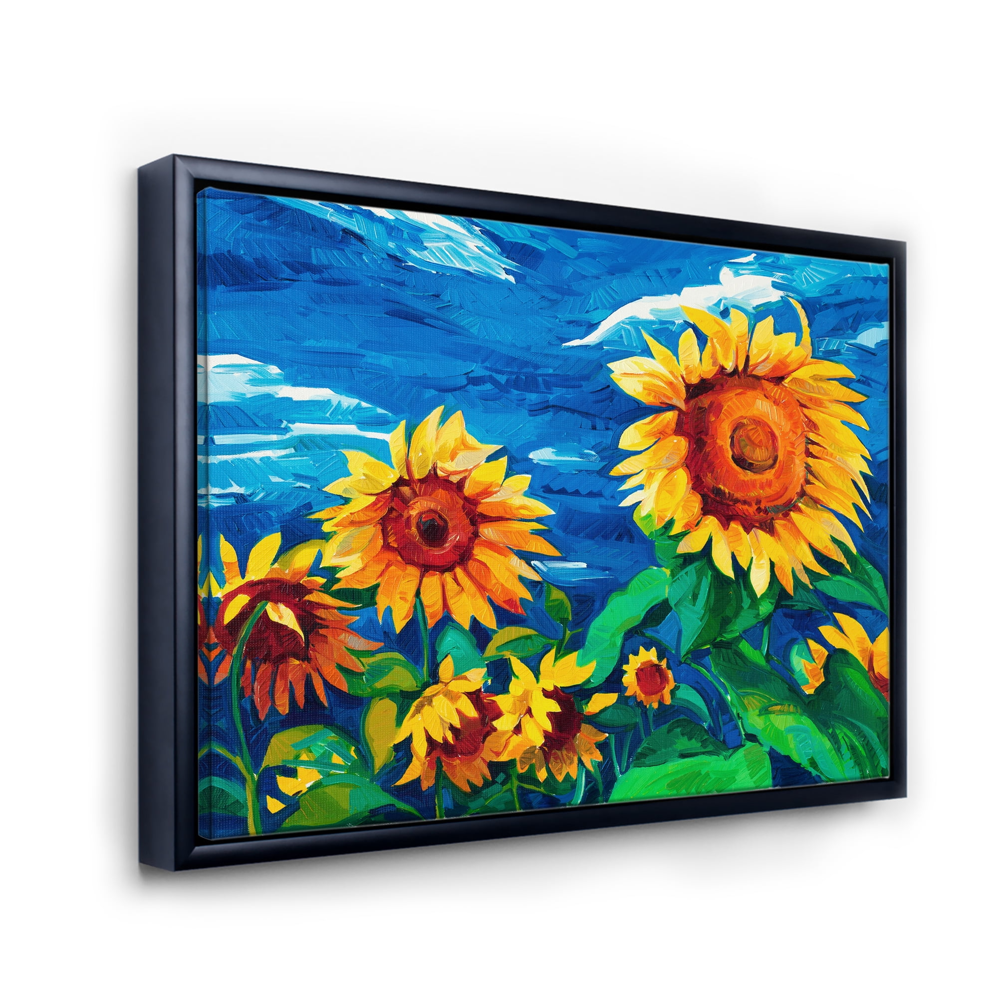 Designart 'Sunflowers Field Under A Bright Blue Sky' Traditional Framed Canvas Wall Art Print