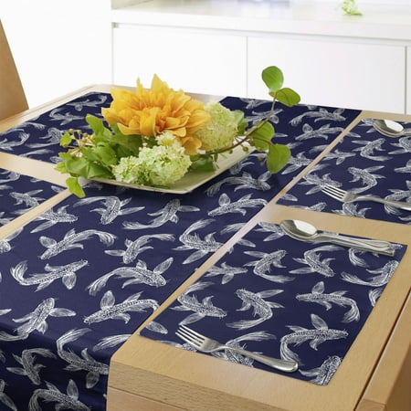 

Asian Table Runner & Placemats Koi Fish in the Night Water Strength of Character Ambition Japanese Artwork Set for Dining Table Decor Placemat 4 pcs + Runner 14 x72 Indigo and White by Ambesonne