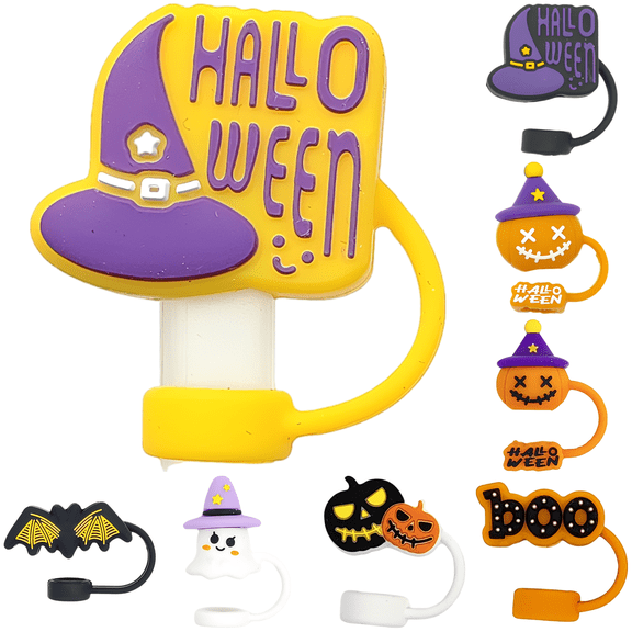 8 Pcs Halloween Silicone Drink Covers, Dustproof Spill-Proof Reusable Straw Caps, Accessory for Stanley Cup for 0.39 in / 10 mm Straws, Festive Drink Protection, Cute Bat Pumpkin Witch Hat Designs