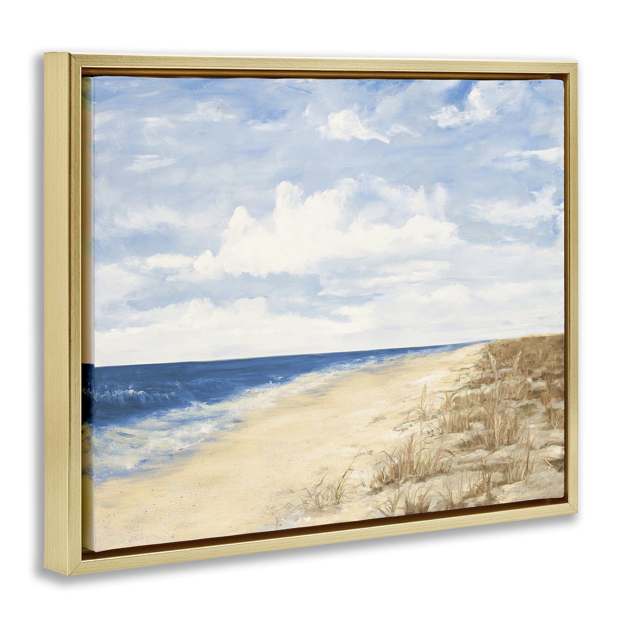 Stupell Industries Calm Beach Painting Coastal Painting Gold Floater Framed Canvas Art Print Wall Art, 21 x 17