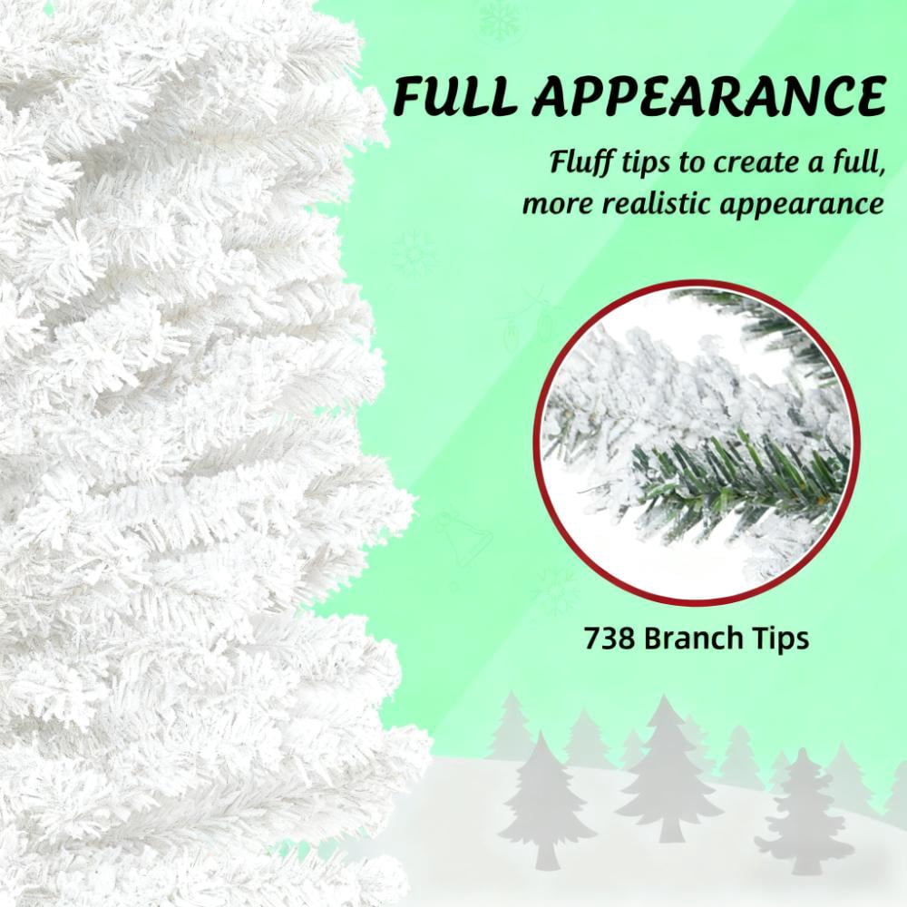 7.5ft Snow Flocked Pencil Christmas Tree 738 Tips Flame Retardant Small Space Holiday Decor