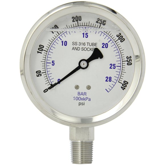 PIC Gauge 301L-402I 4" Dial, 0/400 psi Range, 1/2" Male NPT Connection Size, Bottom Mount Glycerine Filled Pressure Gauge with a Stainless Steel Case and Internals, and Polycarbonate Lens