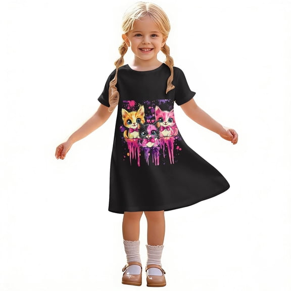 Favoffer Toddler Big Kid Girls Short Sleeve Dress Summer Valentine Print Ruffle Round Neck Casual Gown for Daily Valentine Party Play Sizes 3-12Y