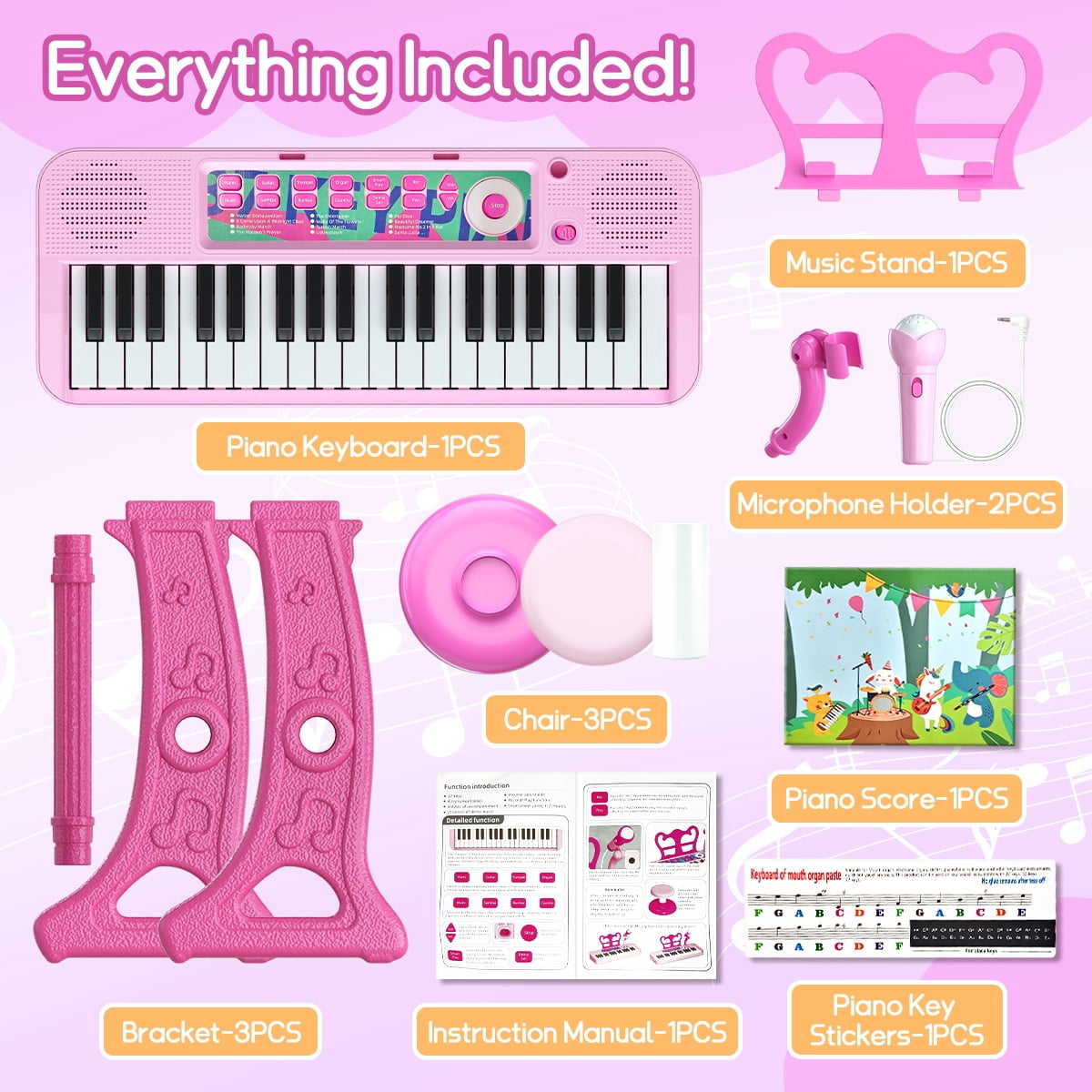 WLBES Piano Toy, Toddler Keyboard, 37 Keys Toddler Keyboard Piano with Stand, Stool & Music Sheet, Ideal Birthday Gift for 3-9 Year Old Kids Musical Instrument Toy, Party Performance Prop