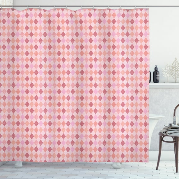 Geometric Shower Curtain, Weathered Diamond Form Pattern Rhombus Shapes in Pastel Pink Tones, Fabric Bathroom Set with Hooks, 69W X 70L Inches, Pink Peach Dried Rose, by Ambesonne