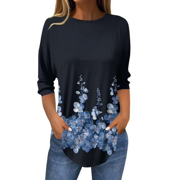 Xyxonk Womens 3/4 Sleeve Tops Round Neck Floral Printed Blouses Spring Summer Plus Size Pleated 2025 Trendy Tee Tops Black L