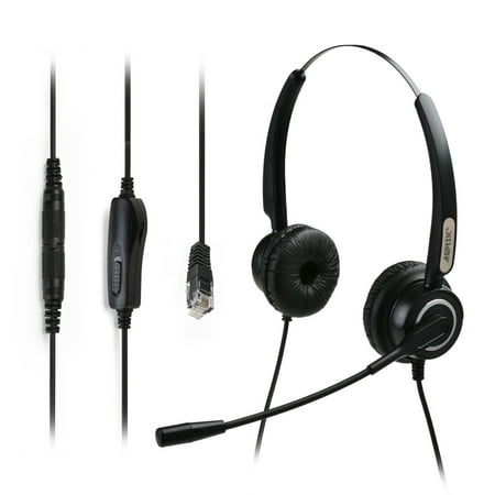 AGPtek Hands-free 4-Pin RJ9 Binaural Telephone Headset w/ Noise Canceling Mic + 3.5MM QD + Volume Mute (Best Noise Cancelling Phone Headset)