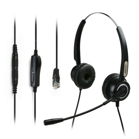 AGPtek Hands-free 4-Pin RJ9 Binaural Telephone Headset w/ Noise Canceling Mic + 3.5MM QD + Volume Mute (Best Corded Phone Headset)