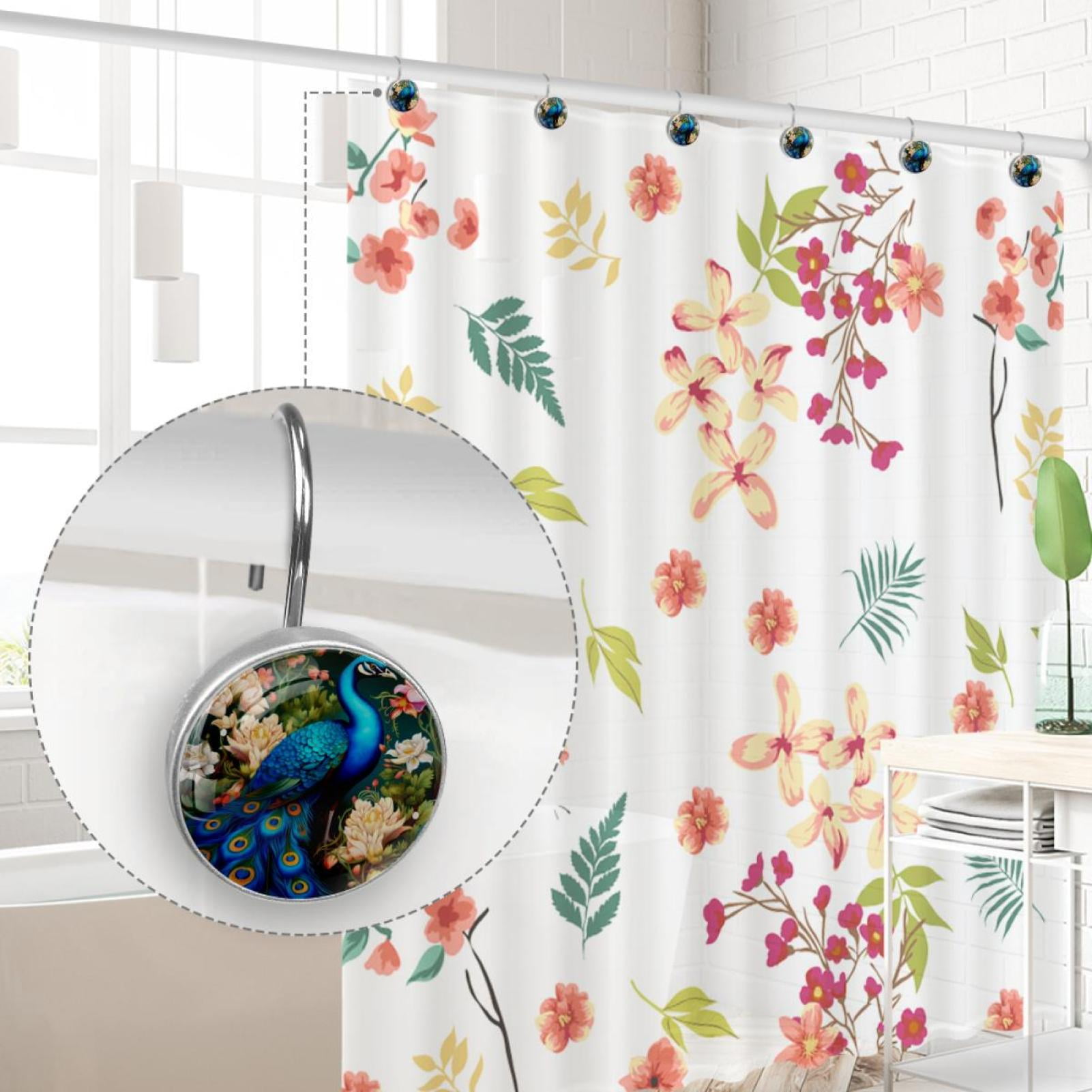 Peacock Shower Curtain Hooks （Set of 12） for Home Hotel Shower Rods Bathroom Crystal Glass Print Stainless Steel Round Curtain Hooks