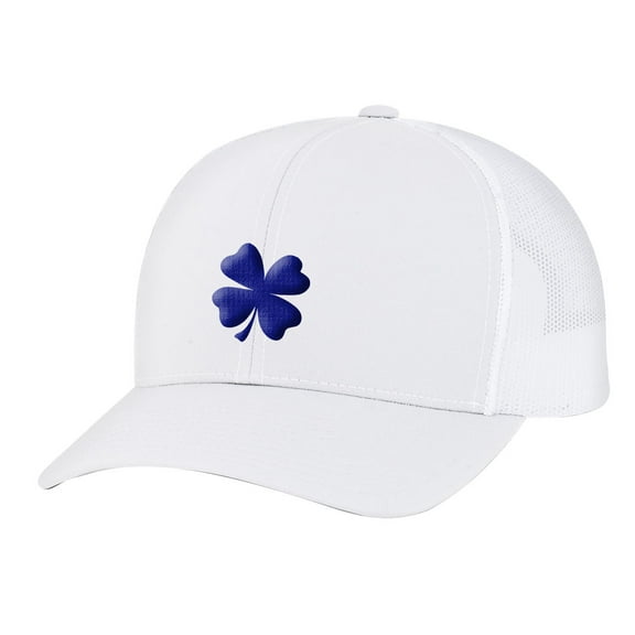 Men's Lucky Clover Shamrock Center Embroidered Golf Mesh Back Trucker Hat, Silver/White/Royal Clover