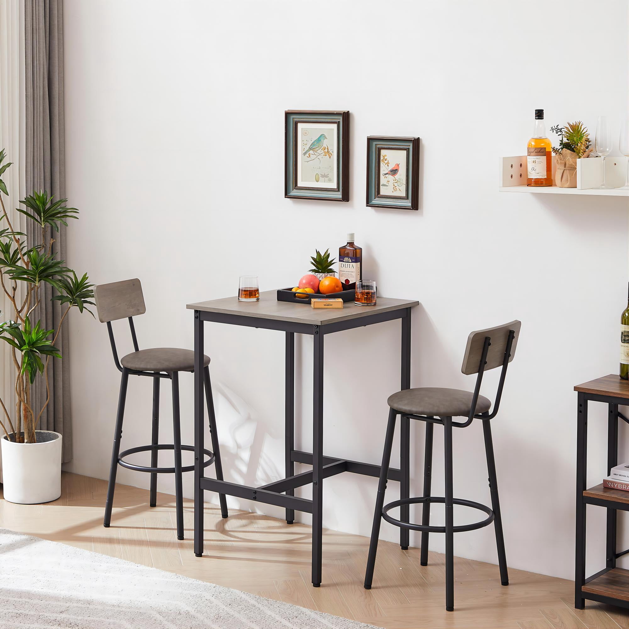 DEALTOPS 23.62'' Bar Table Set with 2 Bar stools PU Soft seat with backrest-Grey