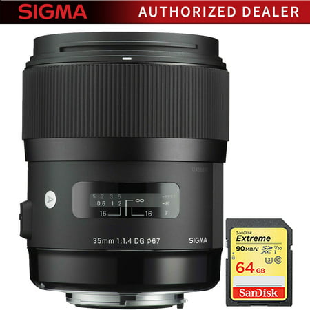 Sigma Art Wide-angle lens -AF 35mm F1.4 DG DG HSM Lens for Nikon With Sandisk 64GB Extreme SD Memory UHS-I Card w/ 90/60MB/s
