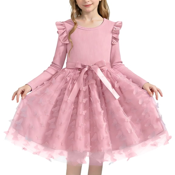 Pink Princess Tutu Dress for Girls Long Sleeve Cotton Knit with Tulle Skirt & Butterfly Ballet Party Dress Kids Kids 2T-8,Size 3-4T