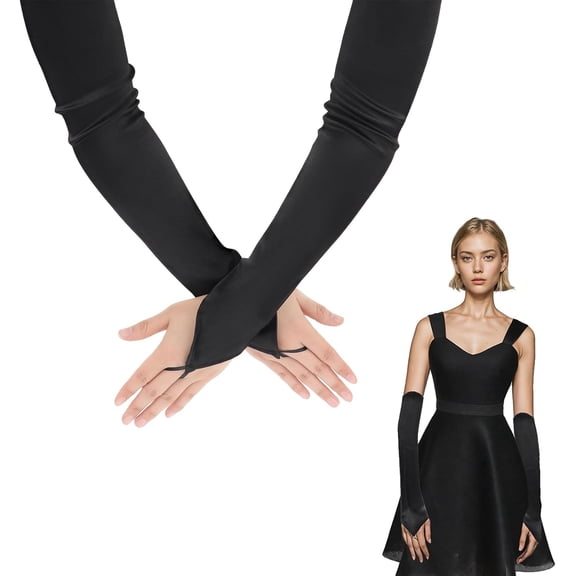 Long Opera Party 20s Satin Gloves, Stretchy Elbow Length Glove Plus Size Fingerless Glove Women's Costume Sheer Black Long Gloves for Women Girls Bridal Wedding Opera 1920s Party Accessories