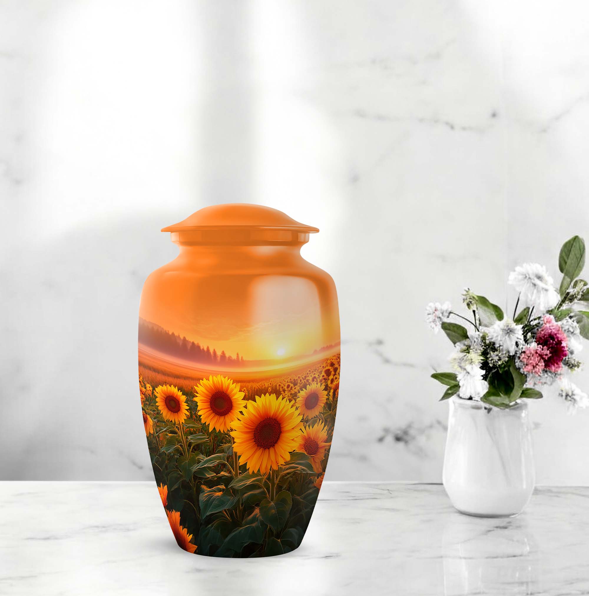Sunflower Urns For Human Ashes Adult Man, Orange Decorative Urn For Ash Adult Male - 1 Large 10 Inch, Sunset Funeral Cremation Urn For Ashes For Women - 3 Inch Small Set Of 4