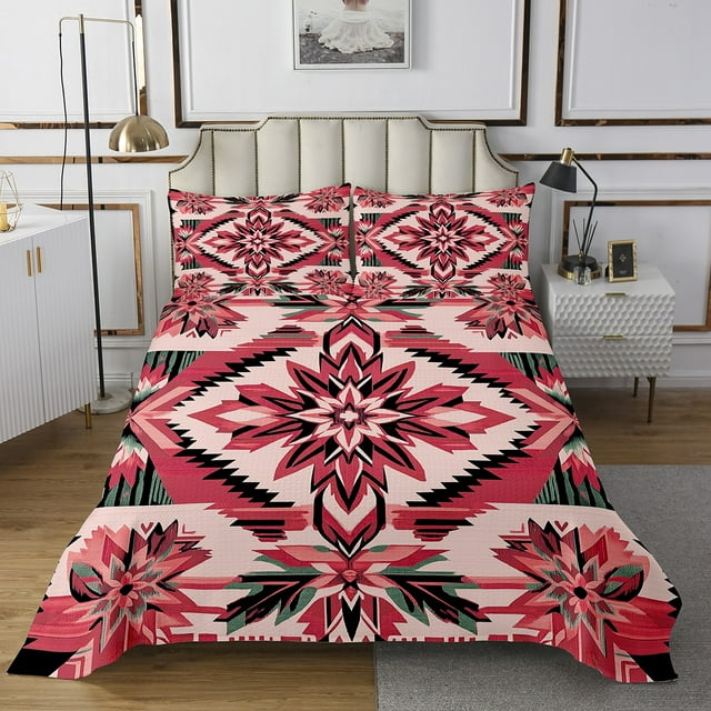 Red Southwestern Bedspread Set Queen Size,Vintage Aztec Quilt Set,Tribal Geometry Bedspread Sets Western Boho Coverlet Set