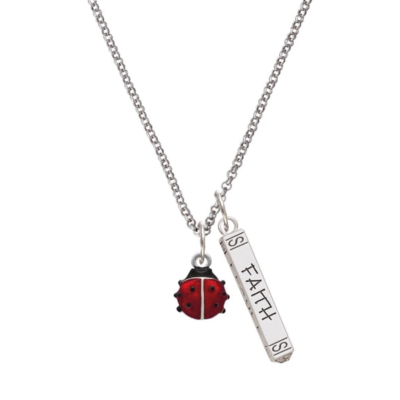 Delight Jewelry Silvertone Mini Red Translucent Ladybug Silvertone Believe Faith Prayer Hope Bar Charm Necklace, 23"