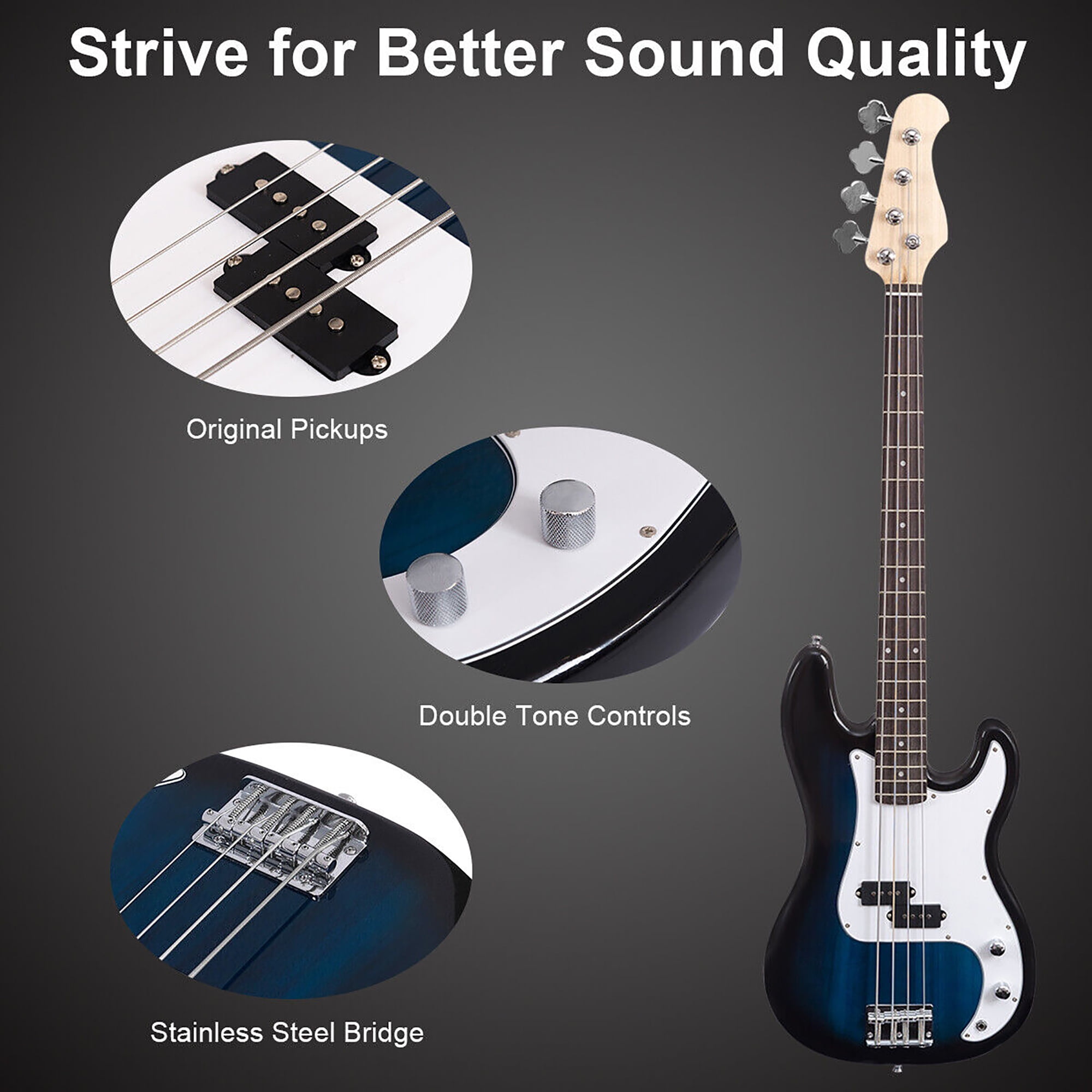 Costway Blue Full Size 4 String Electric Bass Guitar with Strap Guitar Bag Amp Cord