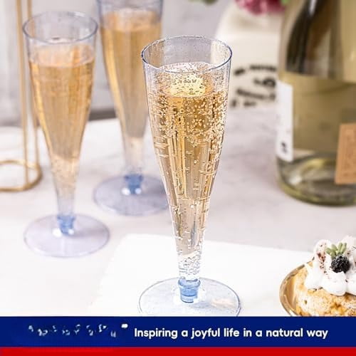 100 Pack Plastic Champagne Flutes Disposable 4.5 oz Blue Glitter Plastic Champagne Glasses Suitable for Wedding, Thanksgiving Day, Christmas