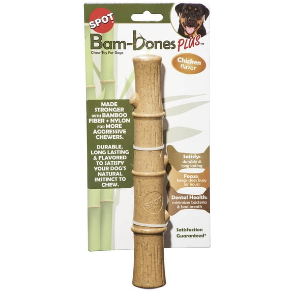 SPOT Bam-Bones Plus Bamboo Stick, 9.5", Long Lasting Dog Chew for Aggressive Chewers, Non-Splintering, Chicken Flavor, For Puppies & Adult Dogs under 90lbs