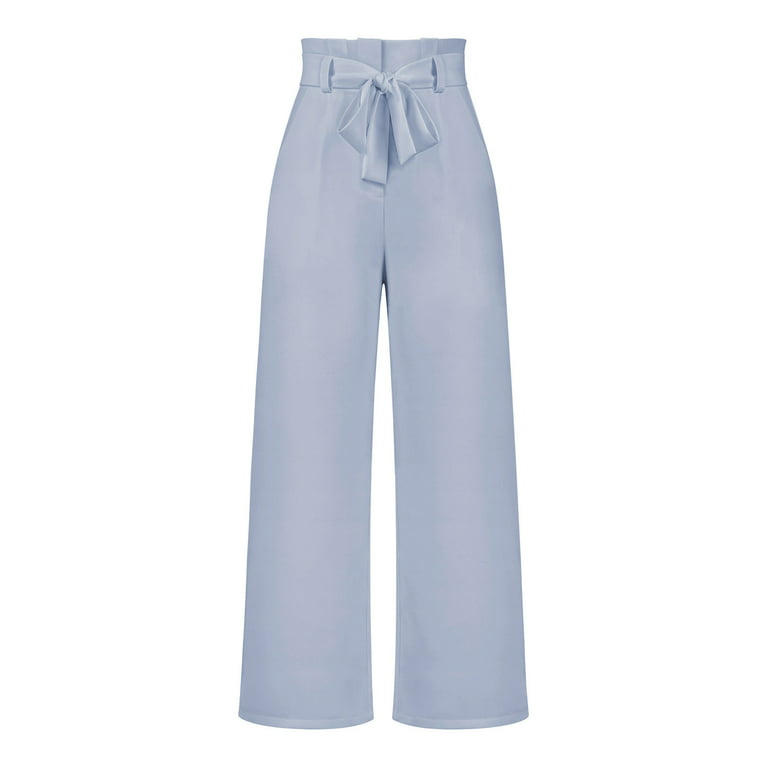 RYRJJ Straight Wide Leg Long Trousers with Tie Belt for Women Pleated Front  High Waisted Business Work Pants Elegant Dress Trousers(Sky Blue,M)