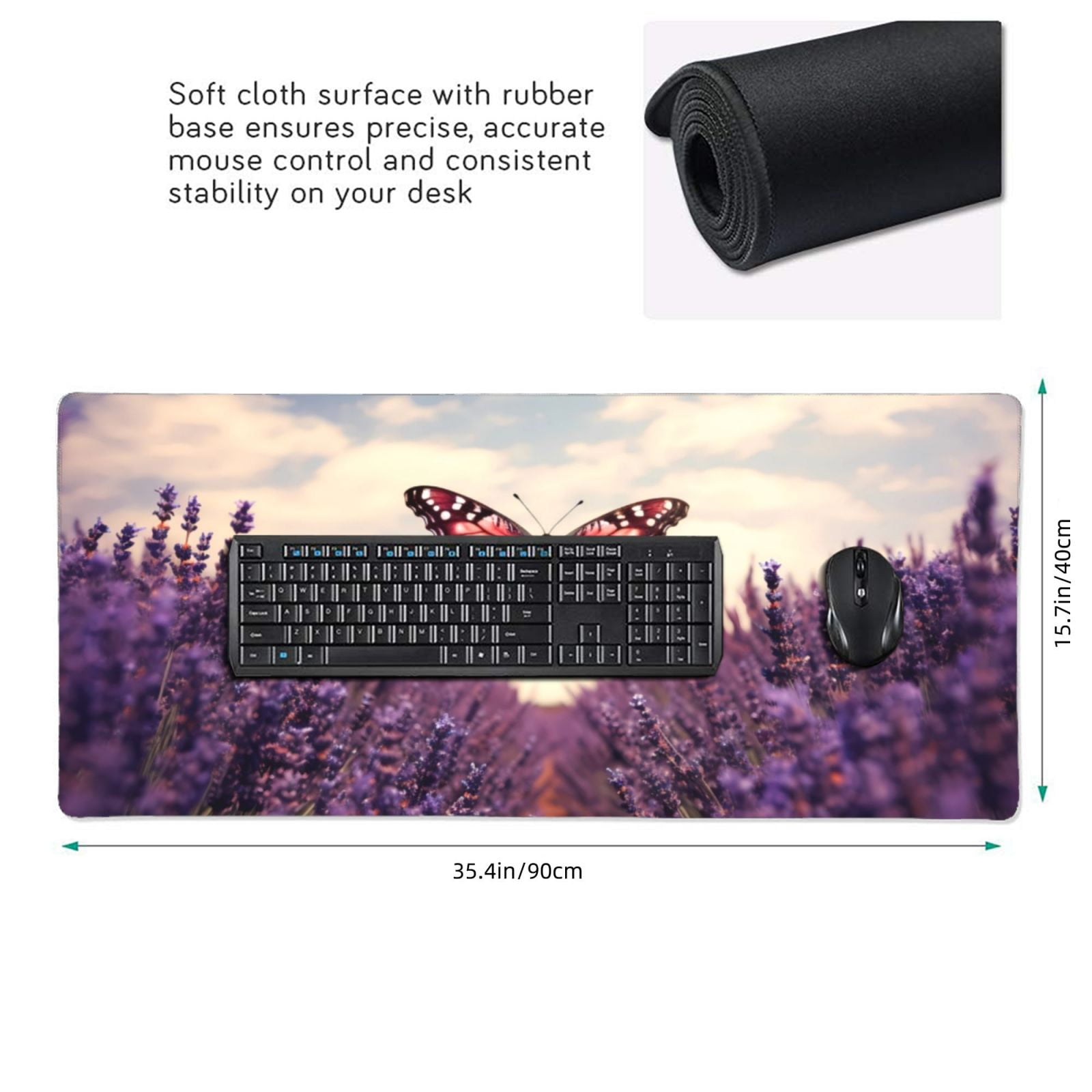 Xecao Butterfly Over Lavender Print Large Mouse Pad, 16x35.5in Mousepad, Professional Non-Slip Rubber Base Big Mouse Pad, Mouse Pad for Gaming & Office Full Desk Mouse Pad