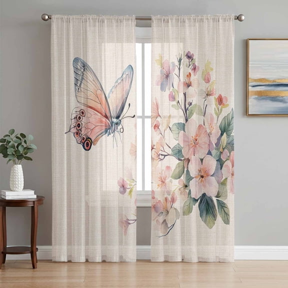 Spring Butterfly Sheer Curtains 63 Inch Length 2 Panels Set, Farmhouse Retro Botanical Flowers Voile Window Treatment Rod Pocket Curtains Sheers Drapes for Bedroom/Living Room/Kitchen 52x"63"x2