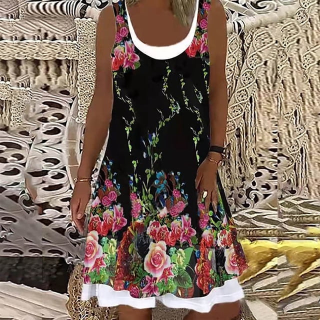 Mefallenssiah Femme Été Mode Décontractée Col Rond Imprimé Épissure Robe Sans Manches