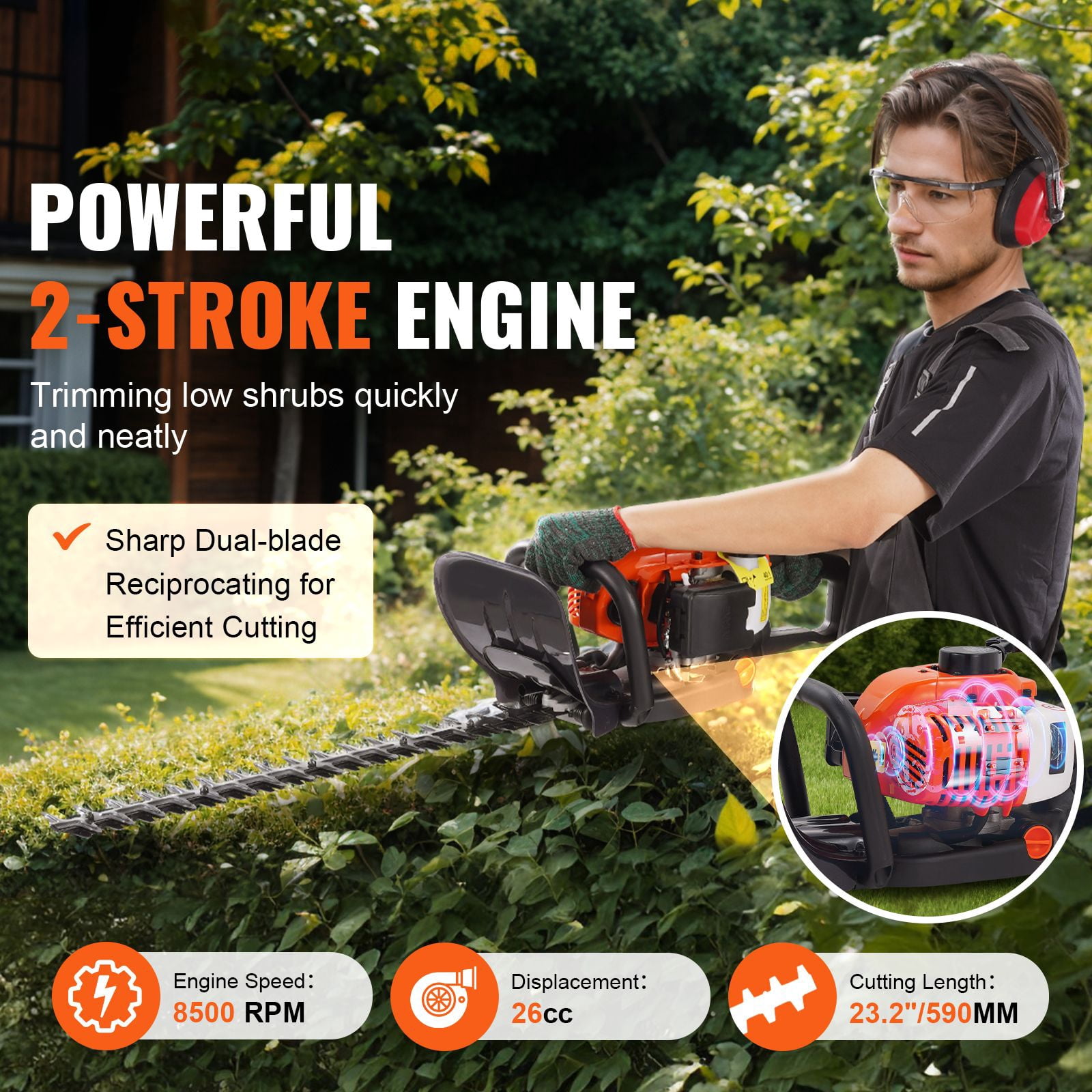 Dranite 26CC 2-Cycle Gas Hedge Trimmer, 23.2-Inch Dual-Sided Diamond Action Blade, 180° Rotatable Head for Shrubs & Bushes