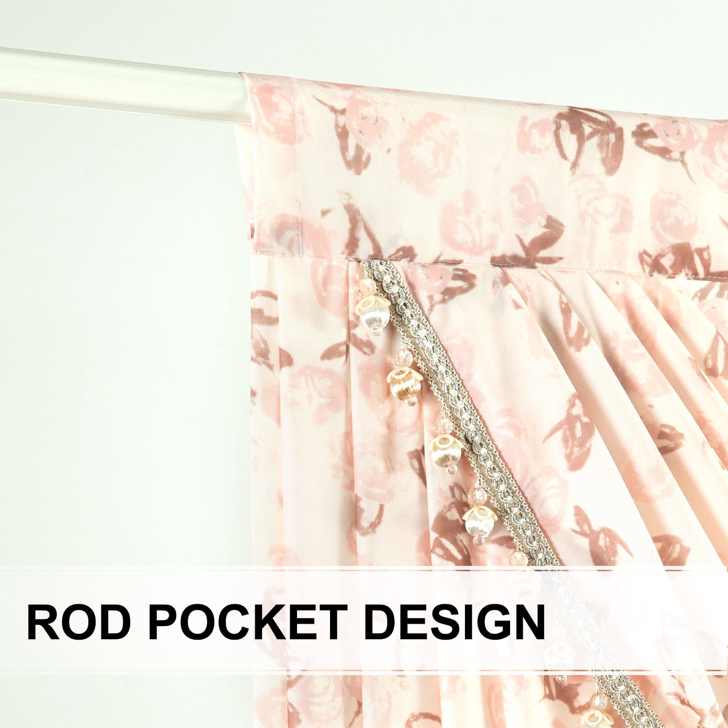 VOGOL Waterfall Valance 39x43 Inch - Sheer Voile, Vintage Pink Roses Print, Beaded Tassels, Farmhouse Style for Bedroom, Living Room, Nursery