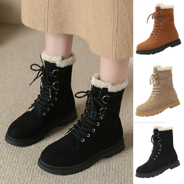 LOVZFMLL Bottes pour Femmes Bottes de Combat à la Cheville à Lacets Bout Rond Sangles Ajustables Talon Bas Épais Classique à Lacets Automne Hiver