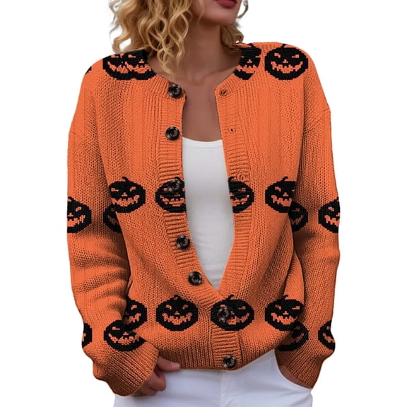 Evdexr Halloween Sweaters for Women Witch Pumpkin Graphic Jackets Funny Button Down Long Sleeve Knit Cardigan Sweaters Oversized Loose Cardigans XL