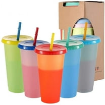 5 Pcs Reusable Cups with Lids & Straws,Plastic Color Changing Tumblers,24 Oz Restaurant-style Fashion Cup,Leak Proof Coffee Tumblers,Cold Drinking Tumblers for Home,Party