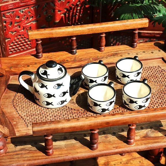 India Meets India White Ceramic Tea Pot Kettle 20 Oz & 4 Tea Cups Handpainted Black Fish design Indian Handicraft