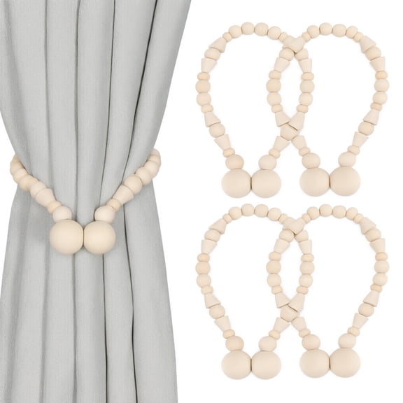 TKRADISH Magnetic Curtain Tiebacks 4 Pack, Natural Wood Bead Curtain Holdbacks, Cozy Boho Farmhouse Curtain Holders for Bedroom Living Room Decor-F