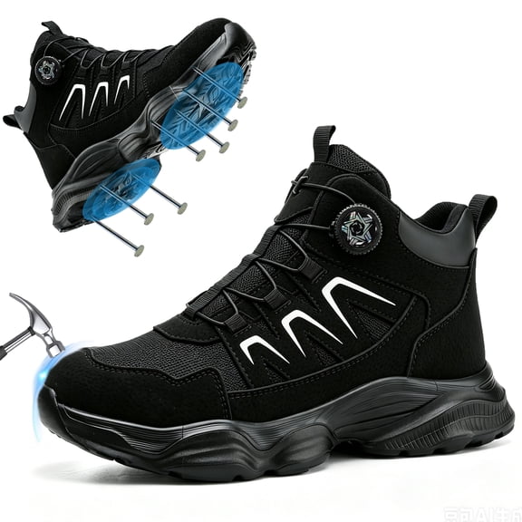 XQJ Steel Toe Boots for Men Industrial Construction Anti-Puncture Work Safety Shoes High Top Safety Protective Shoes Black Lightweight Non-Slip Shoes Size 6.5