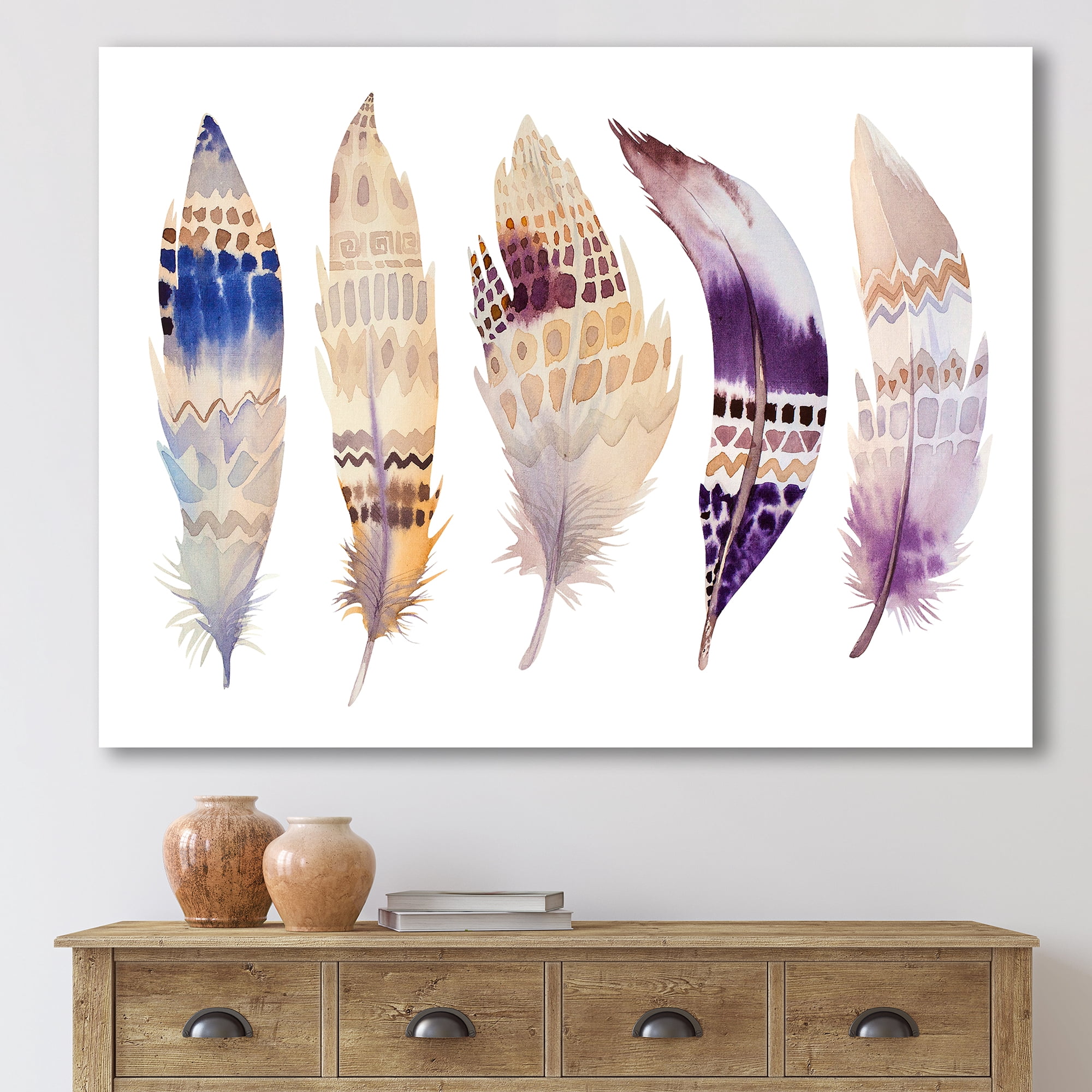 Designart ' Ethnic Purple Boho Art Feathers ' Bohemian & Eclectic Canvas Wall Art Print
