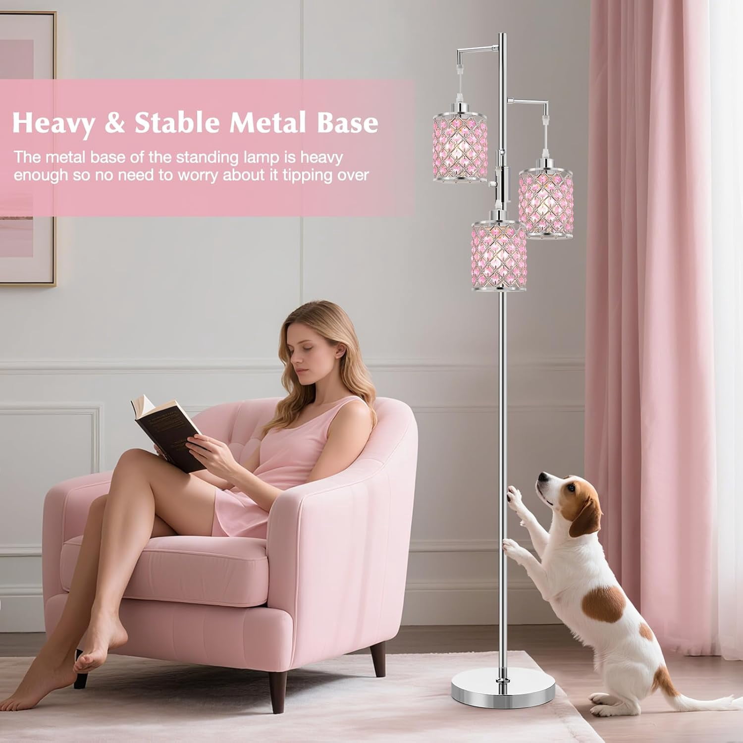 NATYSWAN Morden Gold Crystal Floor Lamps for Living Room, 3-Light Standing Tall Lamp with Elegant K9 Crystal Shade & Rotary Switch, Modern Corner Lamp for, Bedroom,Office