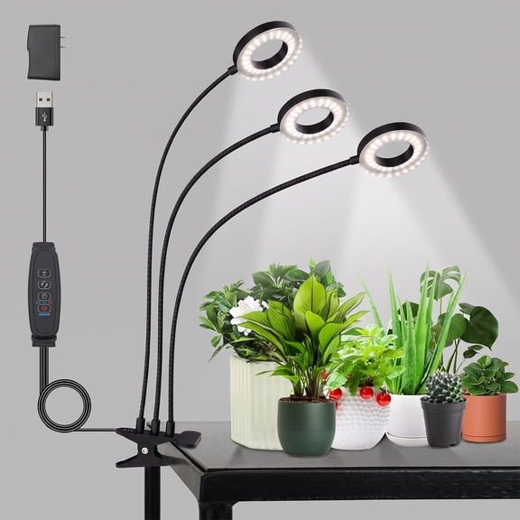 Behome 3-Head Grow Light for Indoor Plants, Gooseneck Clip-on Plant Light with 10 Brightness Levels & 3 Light Modes, Grow Lamp with 3/6/12H Auto Timer for Seedlings, Succulents