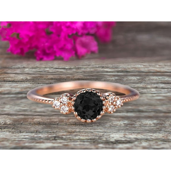 10k Rose Gold 1.50 Carat Round Cut Black Diamond Moissanite Engagement Ring Anniversary Gift Art Deco
