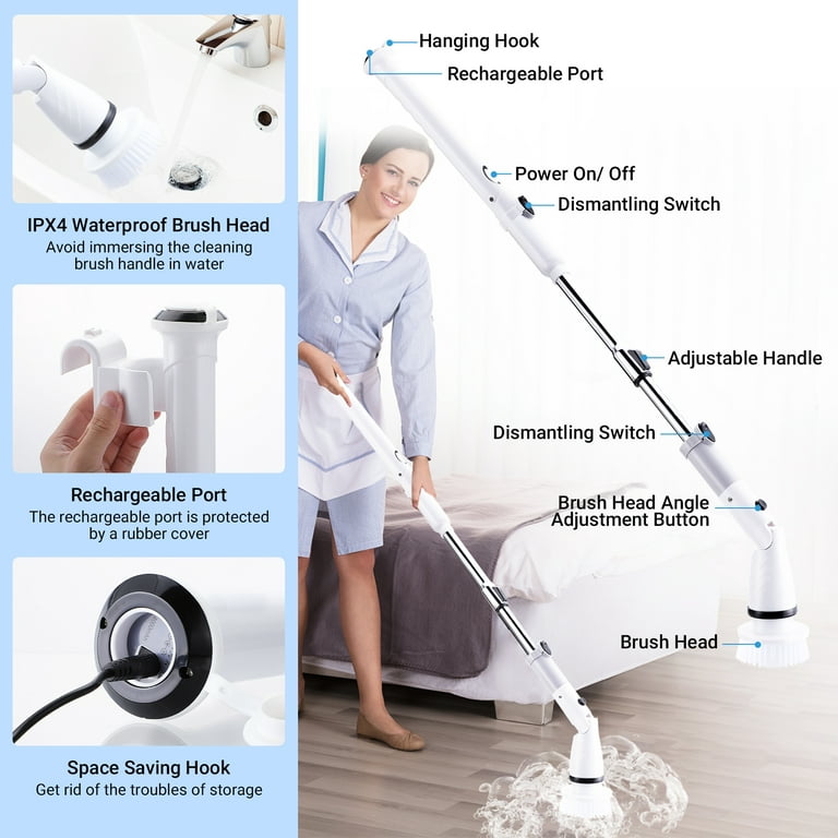 Electric Spin Scrubber,360 Cordless Bathroom Scrubber with 3 Replaceable  Cleaning Shower Scrubber Brush Heads,Extension Handle for