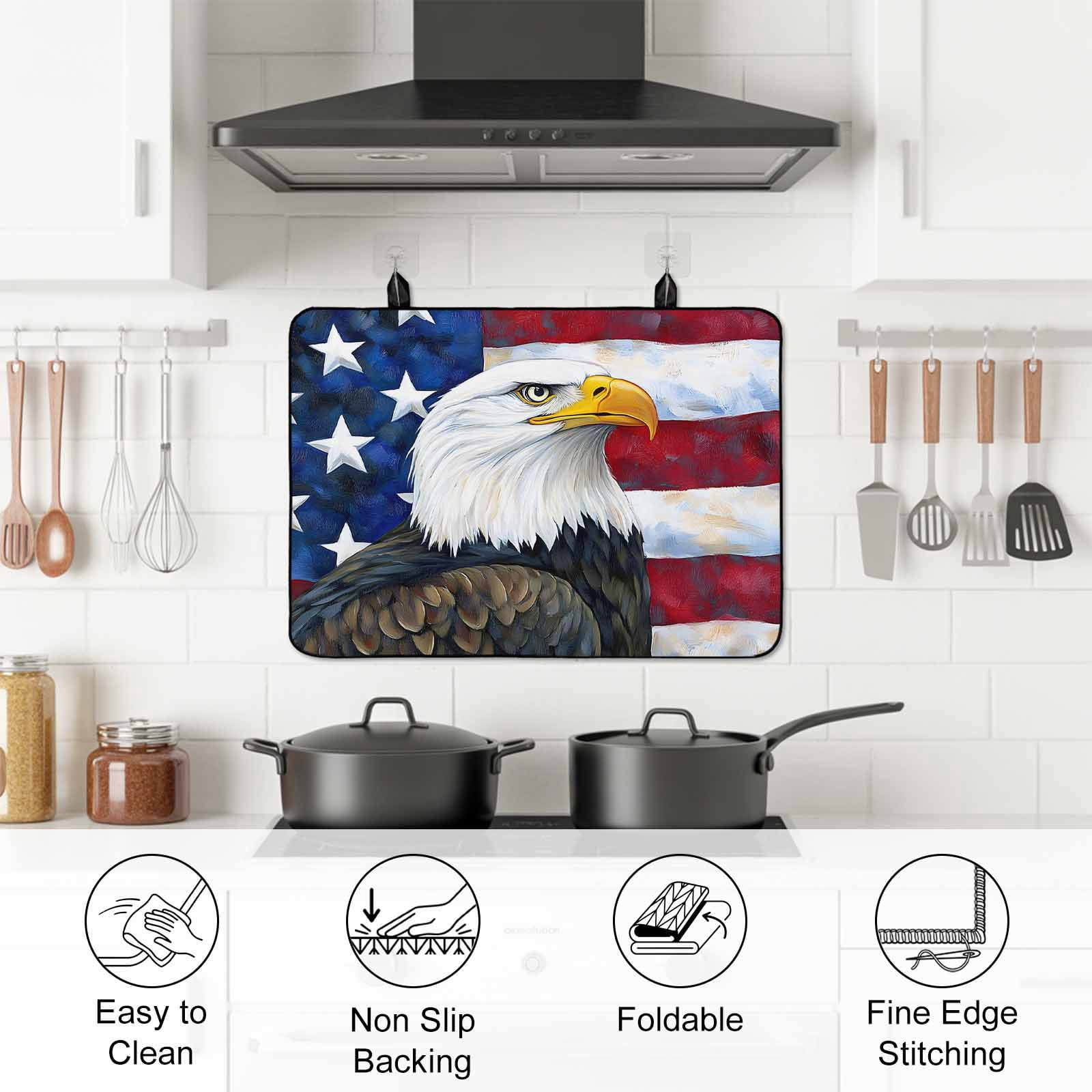 Eagle Stove Top Cover for Electric Stove, Heat-proof & Non Slip Glass Top Stove Cover Protector, Rustic Independence Day Red Blue Star Striped Flag Kitchen Flat Cooktop Rubber Mat 28.5x20.5 Inches