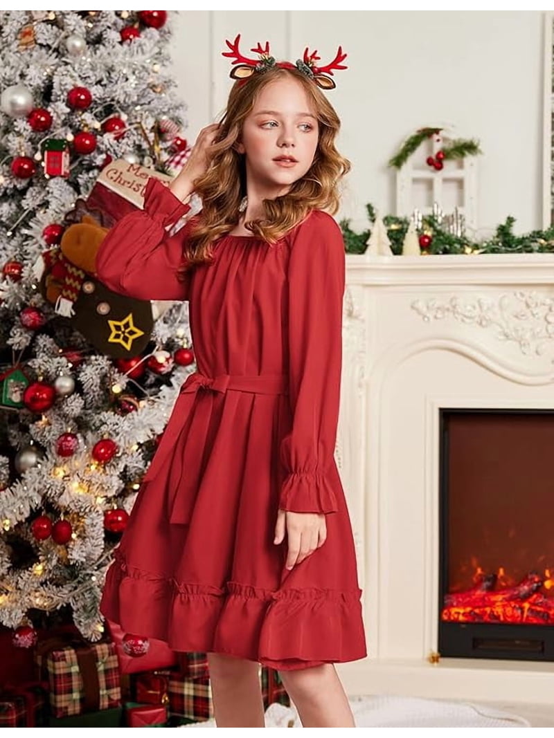 Oudiya, Girls Long Sleeve Fall Dress, 5-13Y, Ruffle Midi Style - Walmart.com
