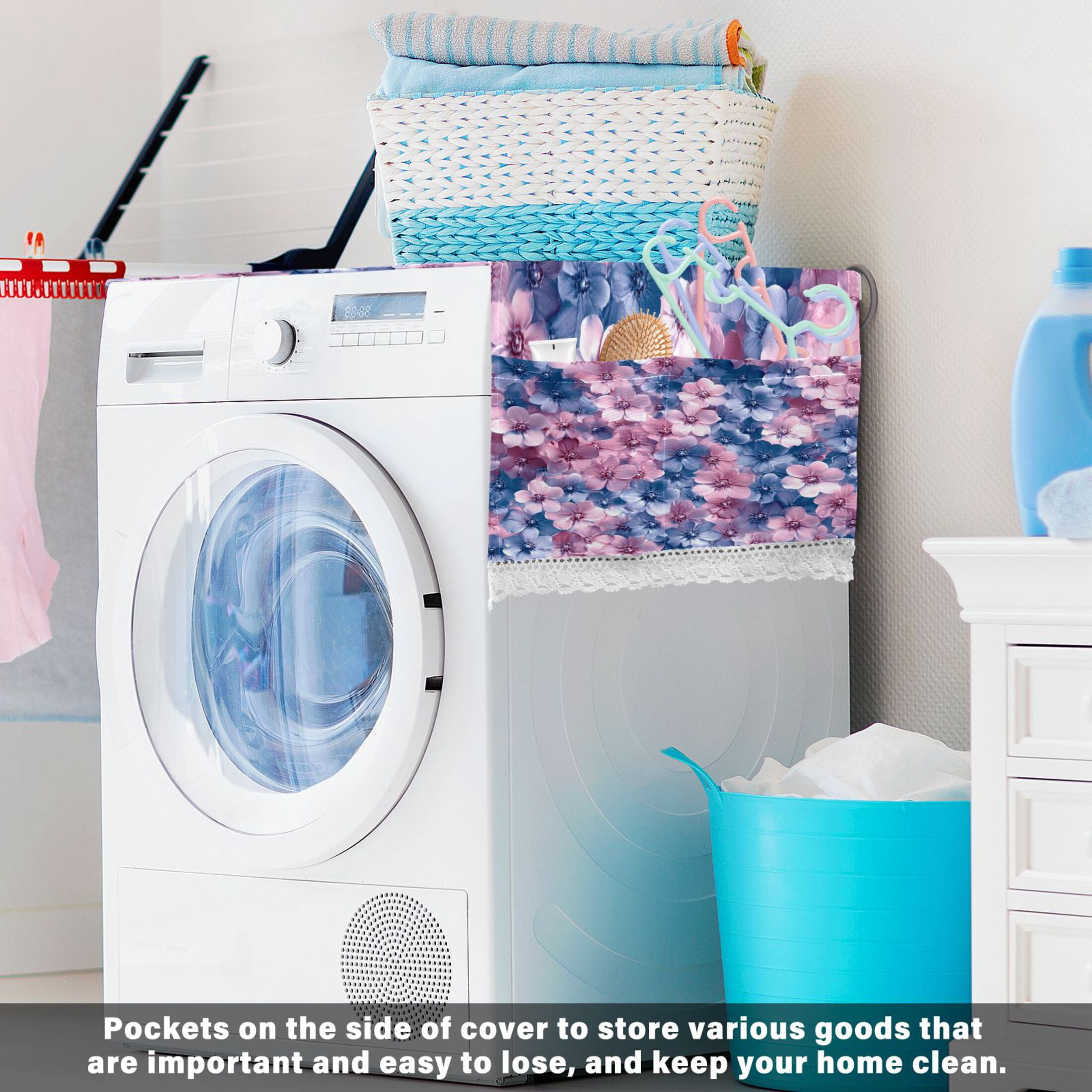 Fluffy FlowersWasher and Dryer Covers Dust-Proof and Oil Resistant Fridge Cover with 4 Storage Pockets Washing Machine Top Cover for Laundry Kitchen Home 51.2 x 22 In