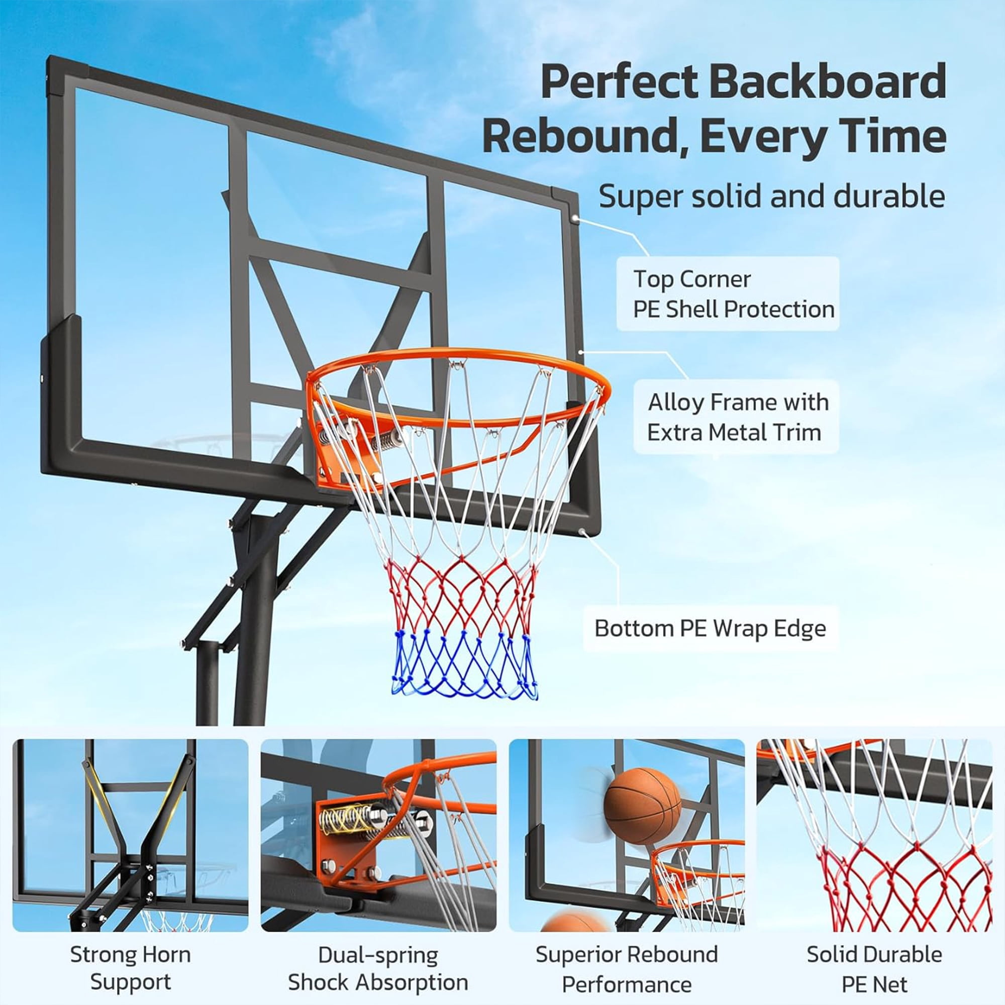 Toremore 44" Basketball Hoop Outdoor Adjustable, 5.25-10FT Portable Basketball Hoop Goal System with Shatterproof PC Backboard and Larger Base for Kids Youth and Adults