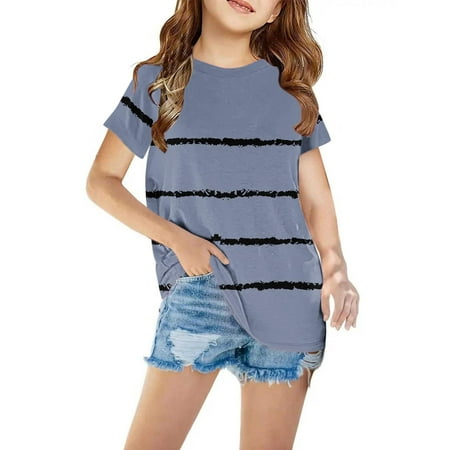 Yutk Girls Clothes Size 6 Shirts for Kids Short Sleeve Graphic T-Shirt Round Neck Crop Top for 3-14 Years Girls and Boy T-Shirt Tee Blue