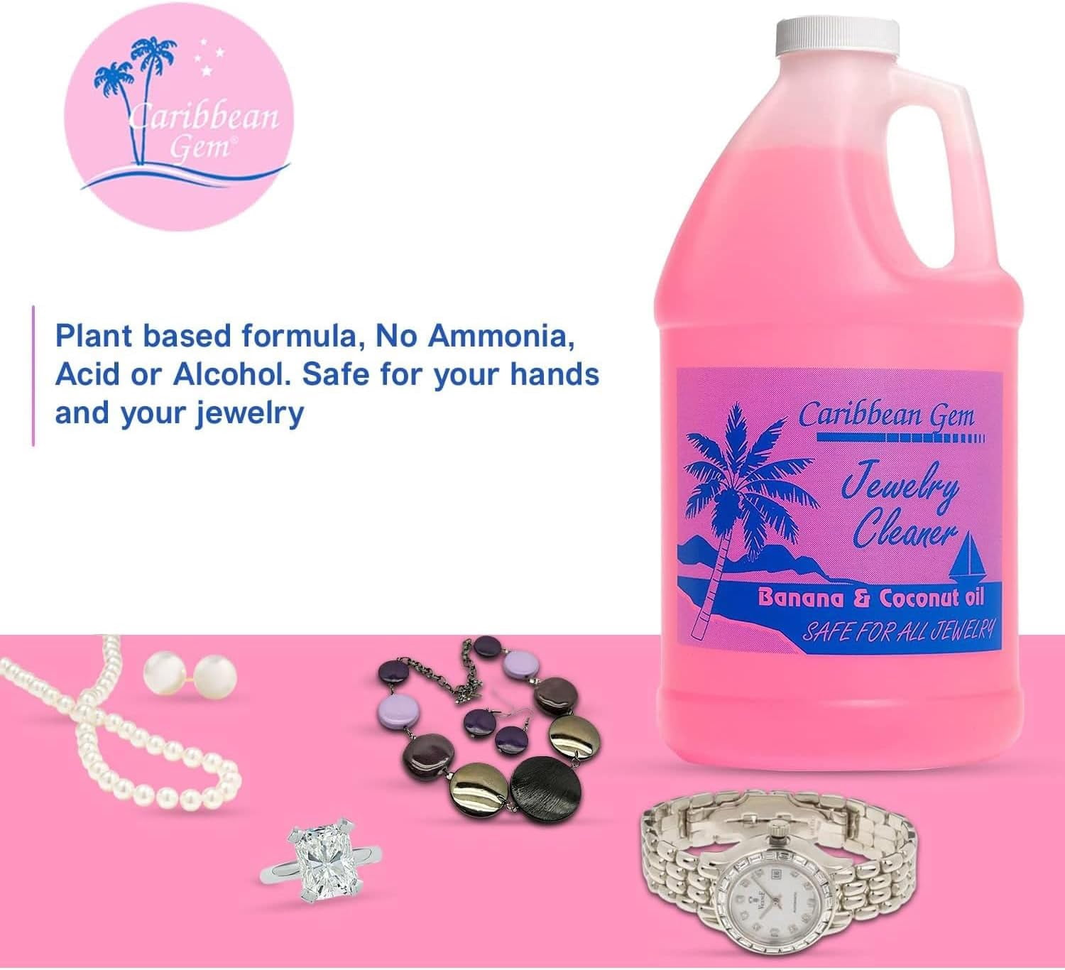 Banana & Coconut Oil Jewelry Cleaner (1/2 Gallon Refill) - Jewelry Cleaning Solution Gallon for All Gold, Silver, Diamonds, Rings, Gems & Precious Stones