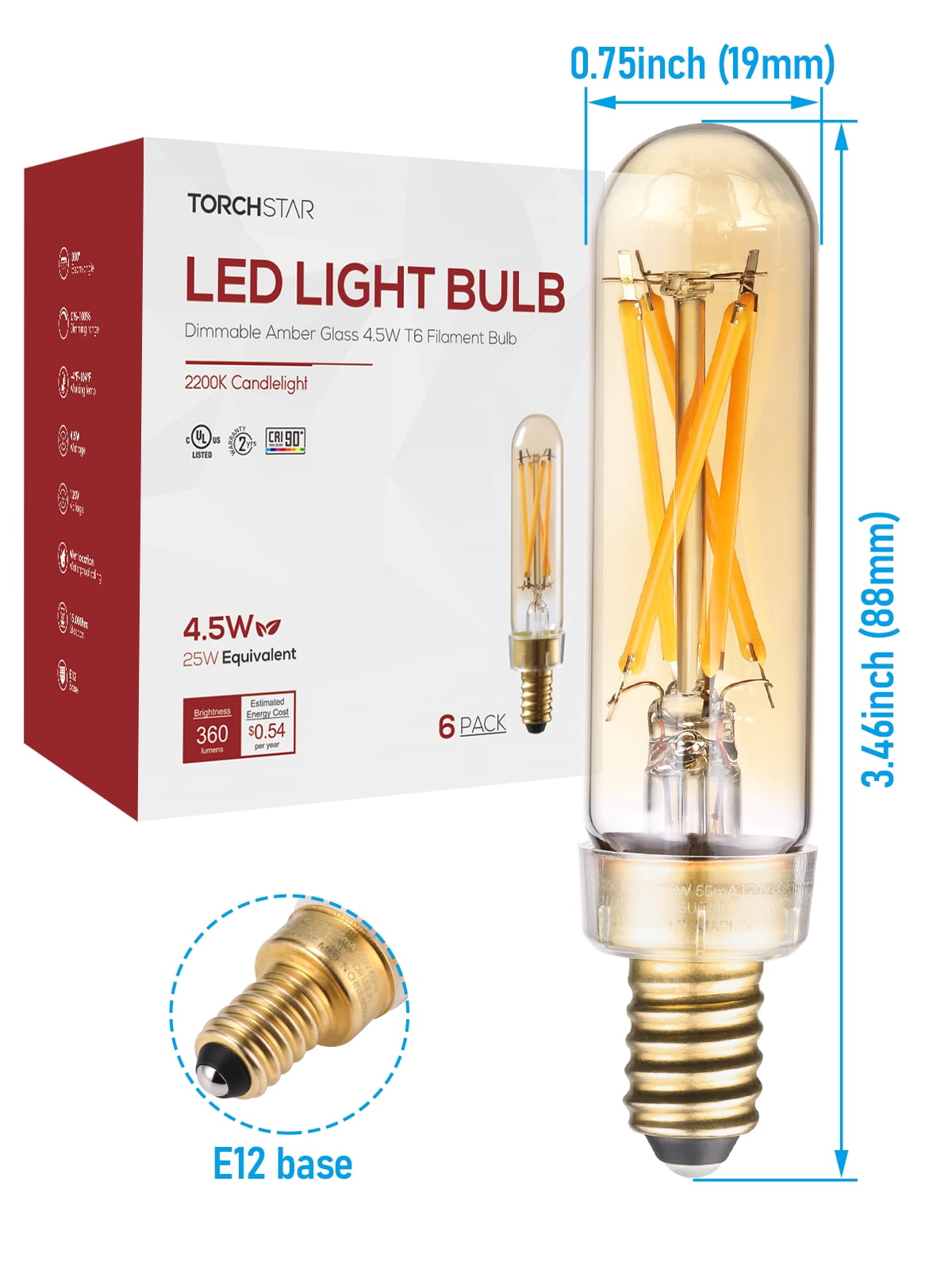18 Pack T25 Tubular Edison Bulbs, Dimmable T6 LED Bulb, E12 Candelabra Bulb, 4.5W(25W Equiv.), for Chandelier, Wall Lamps, Amber Warm Glass