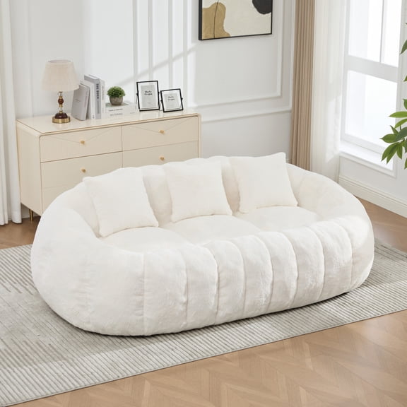 ChenyueFurn 74.8" Floral Shaped Boneless Loveseat Sofa, Faux Fur Cloud Couch,Beige