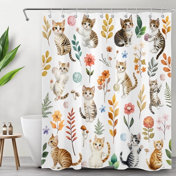 HVEST Cute Cat Shower Curtain, Boho Watercolor Floral Plant Shower Curtain - Cute Animal Wildflower Bathroom Decor, Waterproof Polyester Fabric, Includes 10 Hooks, 60x72 Inches